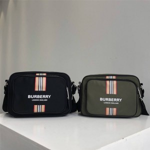 Burberry官网巴宝莉新款包包条纹印花logo尼龙相机包单肩斜挎包