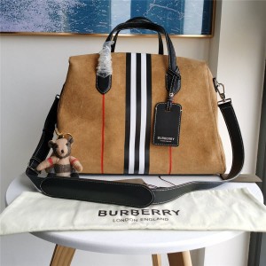 Burberry博柏利巴宝莉官方旗舰店新款条纹翻毛牛皮方正手提袋旅行包