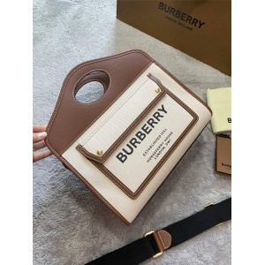 Burberry官网正品巴宝莉包包小号双色帆布拼皮革口袋托特包80367841